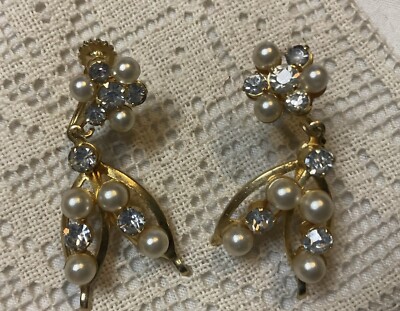 Vintage 1950 GOOD LUCK WISH BONE Gold Rhinestone Evening Drop Screw Earrings