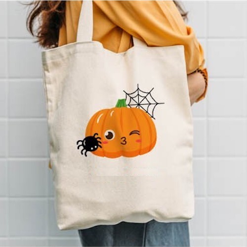 Halloween Cute Pumpkin Spider Trick or Treat Medium Reusable Canvas Tote Bag