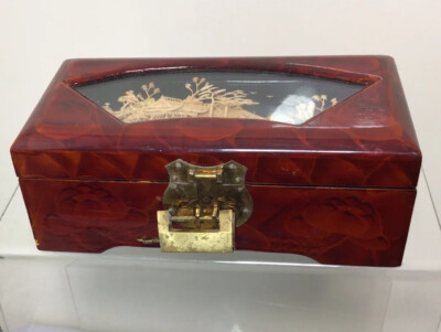 Vintage asiatische Pagode Kranich 3D Handarbeit Kork Szene lackiert Schmuck Dekor Box