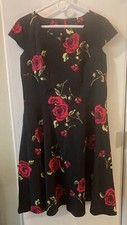 DRESS TELLS Fit & Flare Black Tea Party Swing Dress Floral Roses Size XL