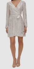 Guess Women's White Foil-Dot V-Neck Belted Long-Sleeve Dress Size 6