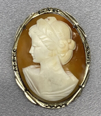 Pendentif Et Broche Vintage En Argent 800 Avec Marcassites Et Camée Coquillage - Bon état Occasion