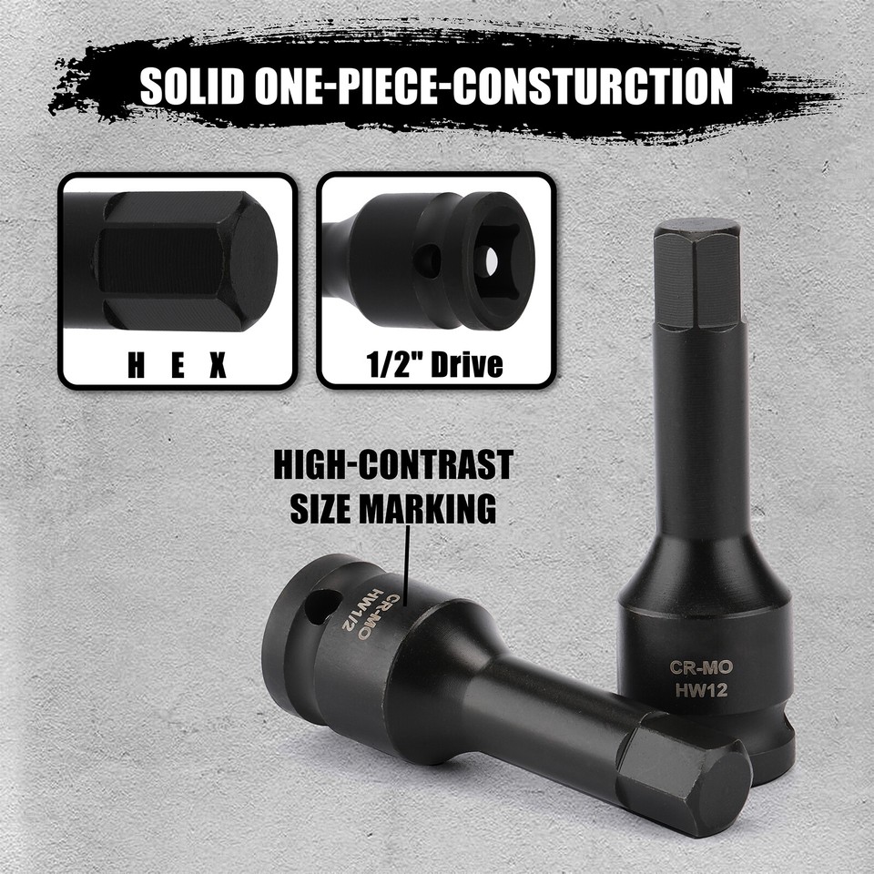 1/2" Drive Master Impact Hex Bit Set SAE 1/4"-3/4",Metric 6mm-19mm Cr ...