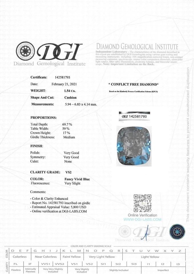 Cushion Shape Diamond Fancy Blue Color Loose VS2 Enhanced Certified 1.54 Carat - Image 3 of 4