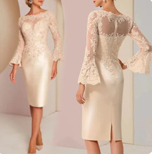 Lace Mother Of The Bride Dresses Full Long Sleeves Knee Length Satin Groom Mum