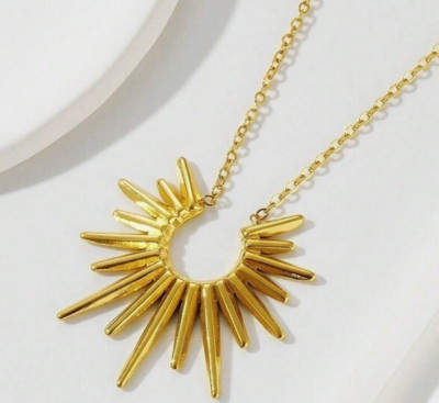 18K Vergoldet Neu Gliederkette Halskette Sunburst Sun Burst Strahlen Strahl Anhänger