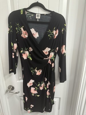 Anne Klein Size 8 Black Floral Wrap Dress