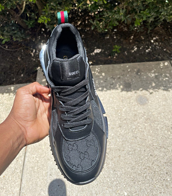 Gucci Men s Black Low Top Lace-Up Monogram Sneakers Rubber Outsole