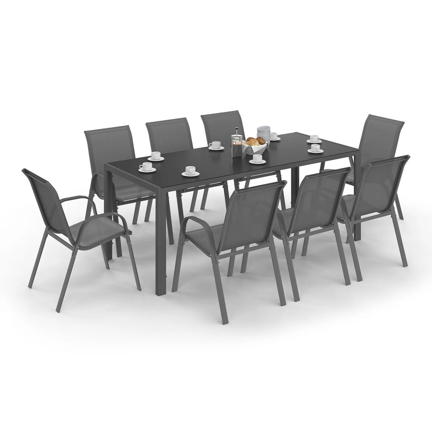 Salon de jardin MADRID table 190 cm avec 8 chaises empilables gris anthracite en aluminium