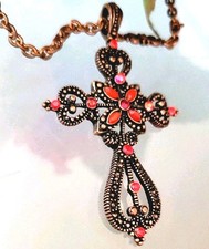 Cross Intricate Red Rhinestone Embossed Bronzetone Vintage Necklace