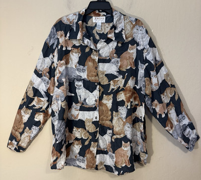 Jordan Woman Silk Shirt Blouse 20W / 40 Button Up Long Sleeve Cats Fun Vintage