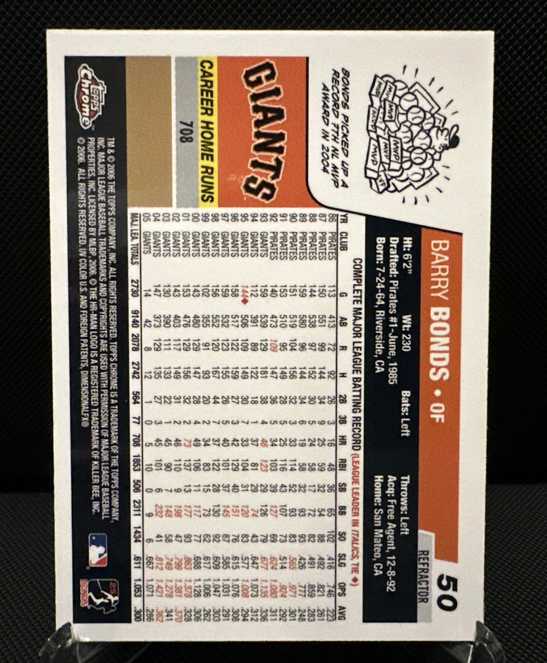 2006 Topps Chrome Refractor  #50 - Barry Bonds - Image 2 of 4