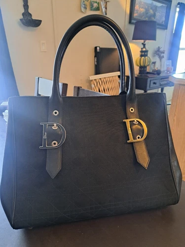 Sac à main Christian Dior fourre tout cannage cousu toile/cuir noir