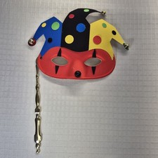 New Half Faced Harlequin Clown Jester Masquerade Mardi Gras Handheld Mask