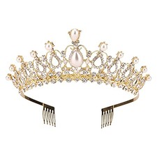 Women Tiara with Comb - Pearl Crystal Crown for Bridal Queen Princess Gold