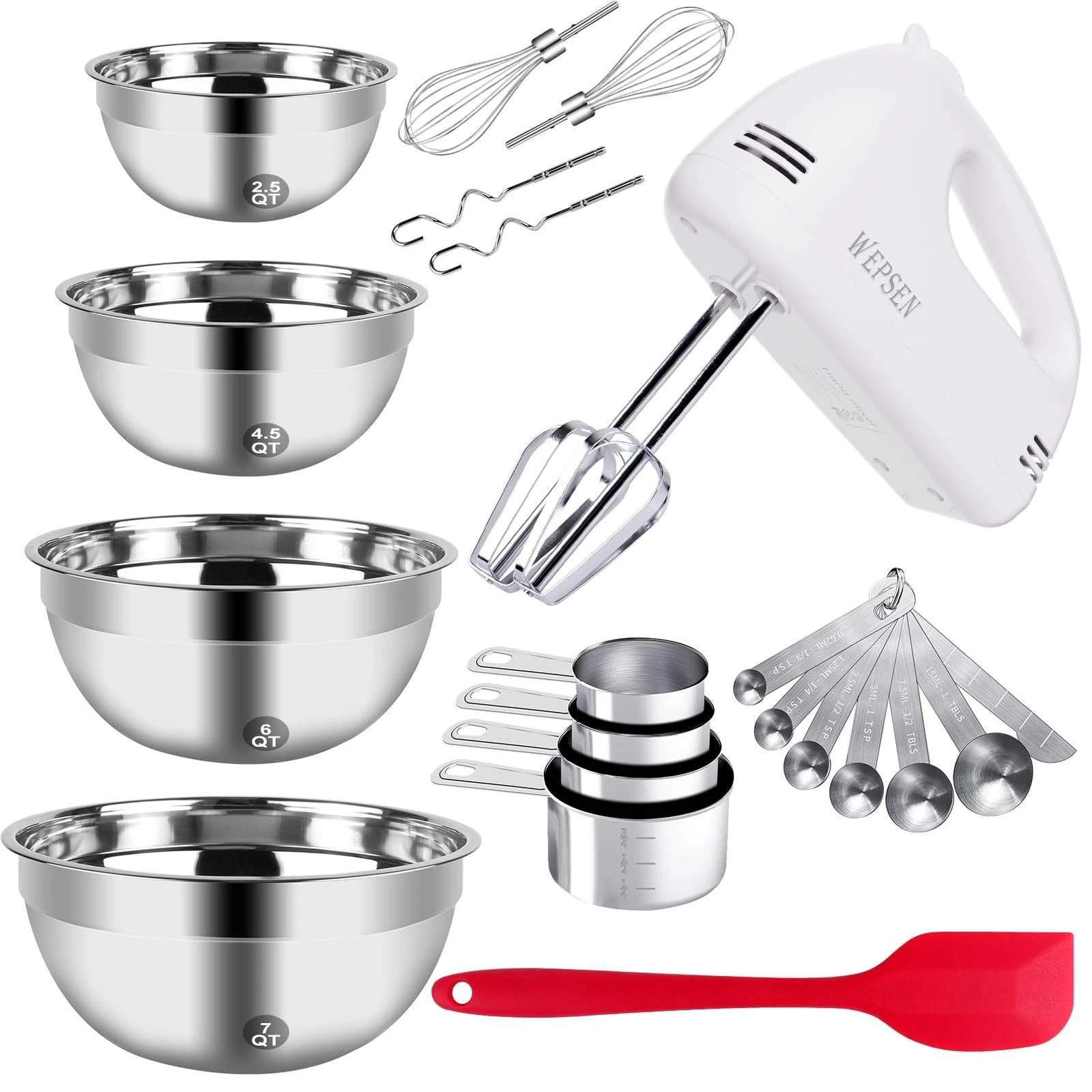 5-Speed Hand Mixer, 4 Large Mixing Bowls Set, Handheld Mixers with Whisks Bea...