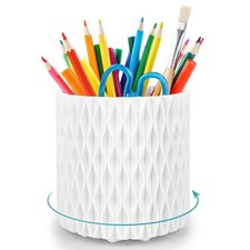 White Pen Holder for Desk, 360 Degree Rotating Desk Organizer with 5 Compartm...