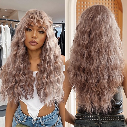 Long Ash Blonde Curly Wigs with Bangs,Long Water Wavy Blonde Wig for Women, H...