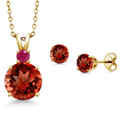 18K Yellow Gold Plated Silver Garnet and Ruby Pendant Earrings Set For Women