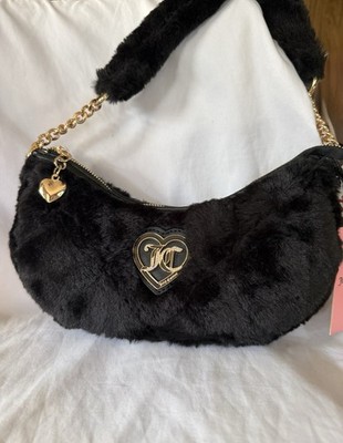 NEW! NWT JUICY COUTURE Faux Fur Lets Get Cozy Shoulder Bag Black