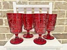 Pottery Barn Red Hobnail Santa Embossed Christmas Holiday Goblets 4 Pc Set NEW