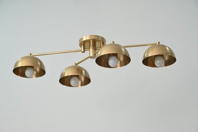 Mid Century Modern Raw Brass 4 Light Semi Flush Mount Ceiling Dome Chandelier