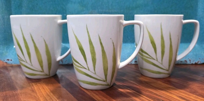 Corelle Bamboo Leaf Coffee Mugs Coordinates Rounded Square 12oz (3) Perfect