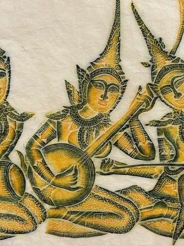 Vintage Thai Temple Rice Paper Rubbings, 1960's, 3 Musicians Yellow & Green - Picture 4 of 11