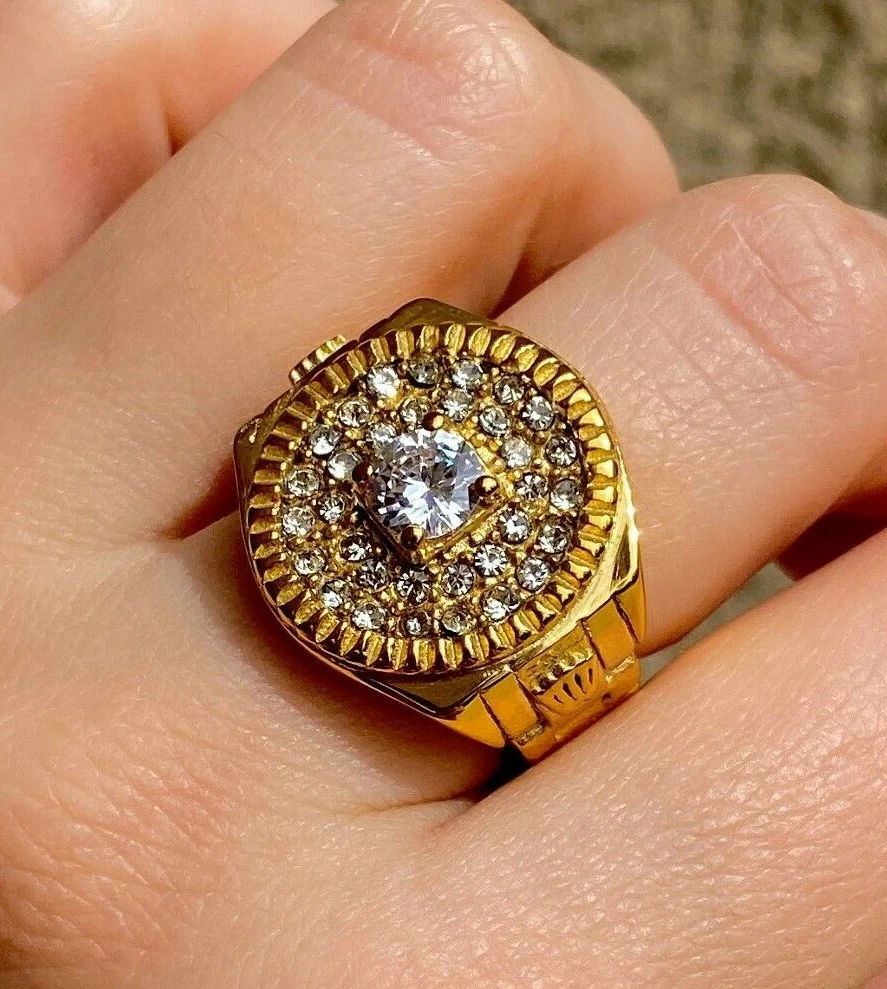 MEN S 14k Gold Finish Desginer Icy Crown Ring Size 6 13 New Drop