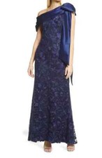 Tadashi Shoji Navy Blue Lace Draped One-shoulder Gown W/ Taffeta Bow Sz 6 548