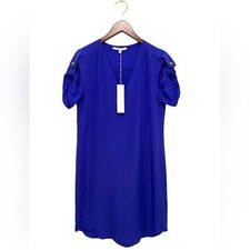Amanda Uprichard 100% Silk Shift Mini Dress Navy Blue V-neck Tunic Chic Size S