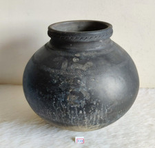 Vintage Handcrafted Black Terracotta Water Pot Old Decorative Collectible TC246