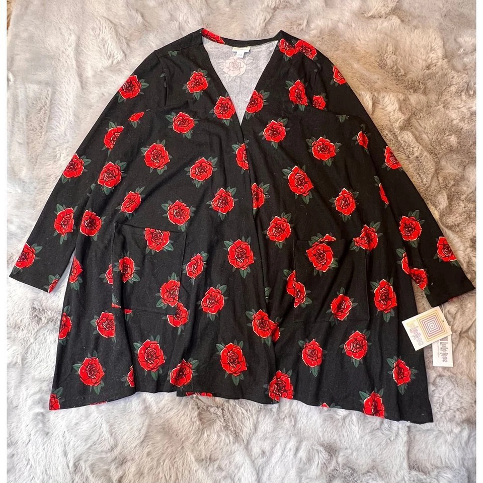 LuLaRoe Caroline Black Floral Rose Print Cardigan Kimono Duster Size L - Image 2 of 4