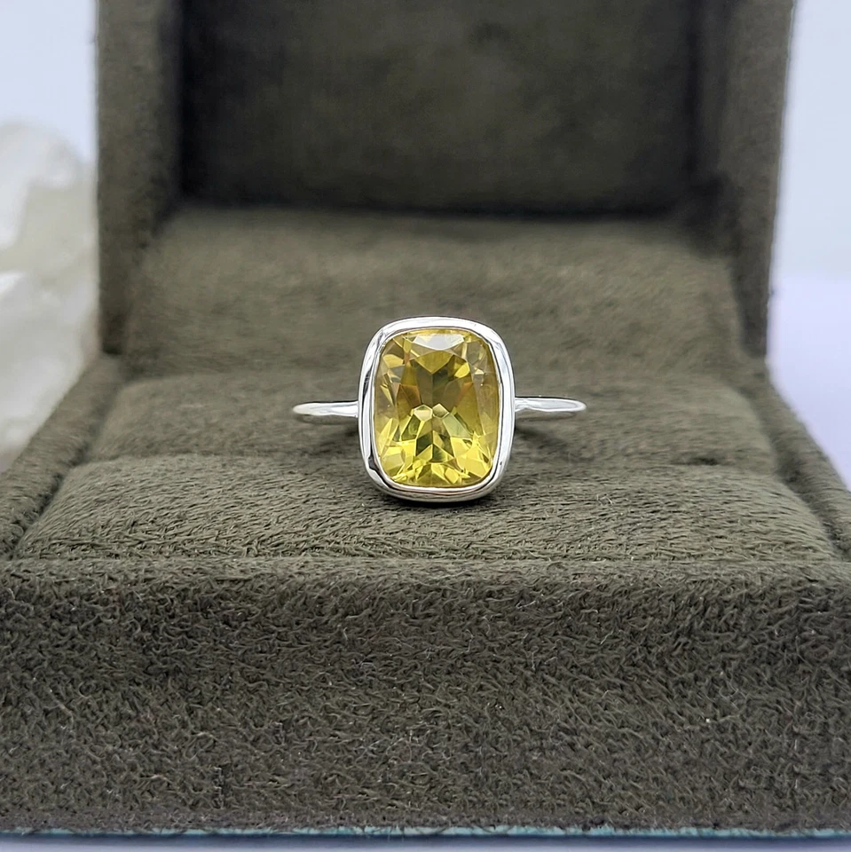 Anillo de cóctel cojín de cuarzo limón plata de ley 925 anillo llamativo para mujer Foto 2 de 4