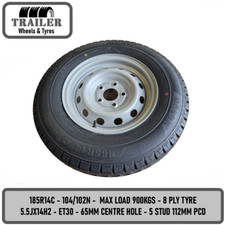 185R14C 104/102N Caravan Trailer Wheel Tyre rated 900Kgs 5 Stud 5x112mm PCD x 1