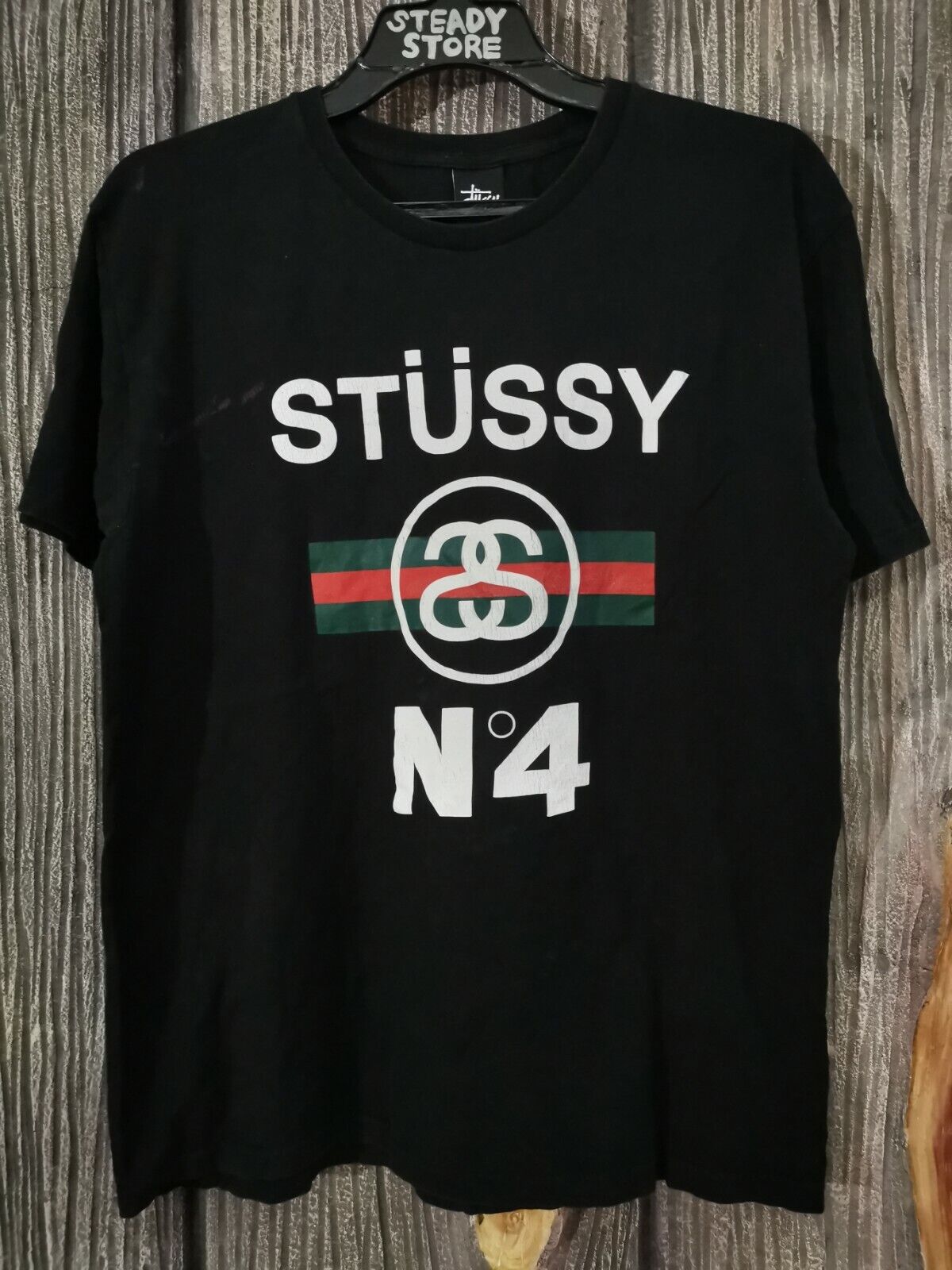 VINTAGE STYLE CLASSIC STUSSY NO.4 X GUCCI BOX LOGO TEE T SHIRT M RARE BLACK