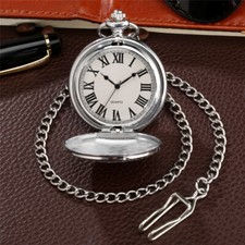 Smooth Silver Quartz Pocket Watch for Women Men Necklace Chain Wedding Gift