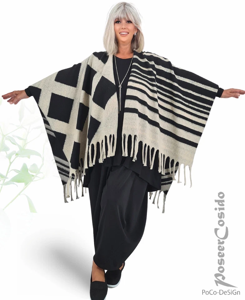 LAGENLOOK Poncho Pullover Überwurf Jacke 42 44 46 48 50 52 54 56 58 schwarz ecru - Bild 1 von 4