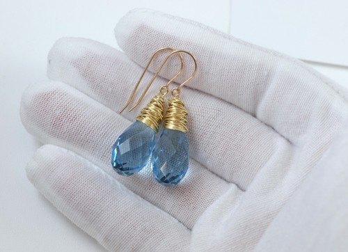 Spyglass Designs Earrings made w/ Crystal Aqua Large Drop Wrap 14k Solid Gold - Picture 2 of 10