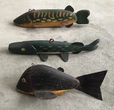3 Vintage Hand Carved & Painted Wooden Weighted Ice Spearing Decoy, Painted Eyes