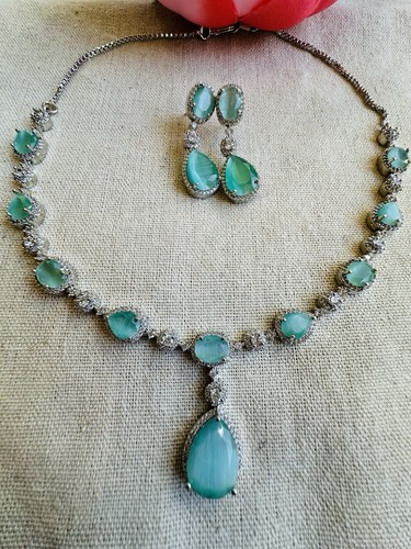 Collar de vacaciones de piedras preciosas lágrima diamantes circonita verde menta mar joyería india - Imagen 12 de 19