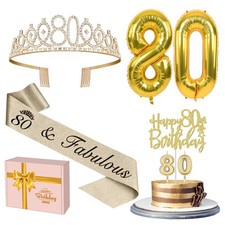 80th Birthday Decorations for Women Gold with 80th Birthday Sash and Tiara, C