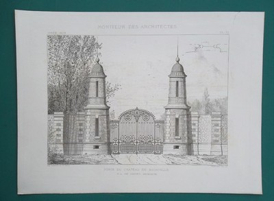 CHATEAU DE BAGATELLE Paris Entrance Gate Design - 1873 Antique Print