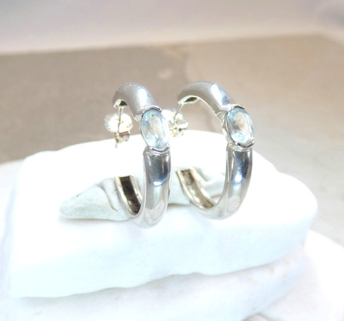 Vtg. Sterling Silver Aquamarine Hoop Earrings