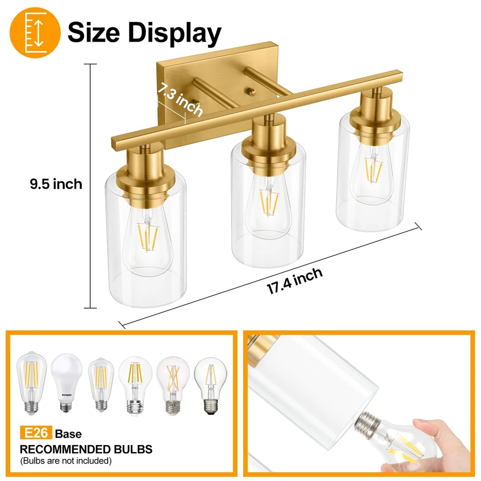 3-Light Gold Bathroom Light Fixtures, Brushed Brass Vanity Light Fixture Mode... - Image 3 of 4