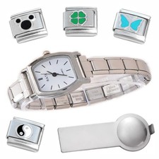 White Barrel Shape Italian Charm Watch Bracelet Plus Tool Enamel Charms