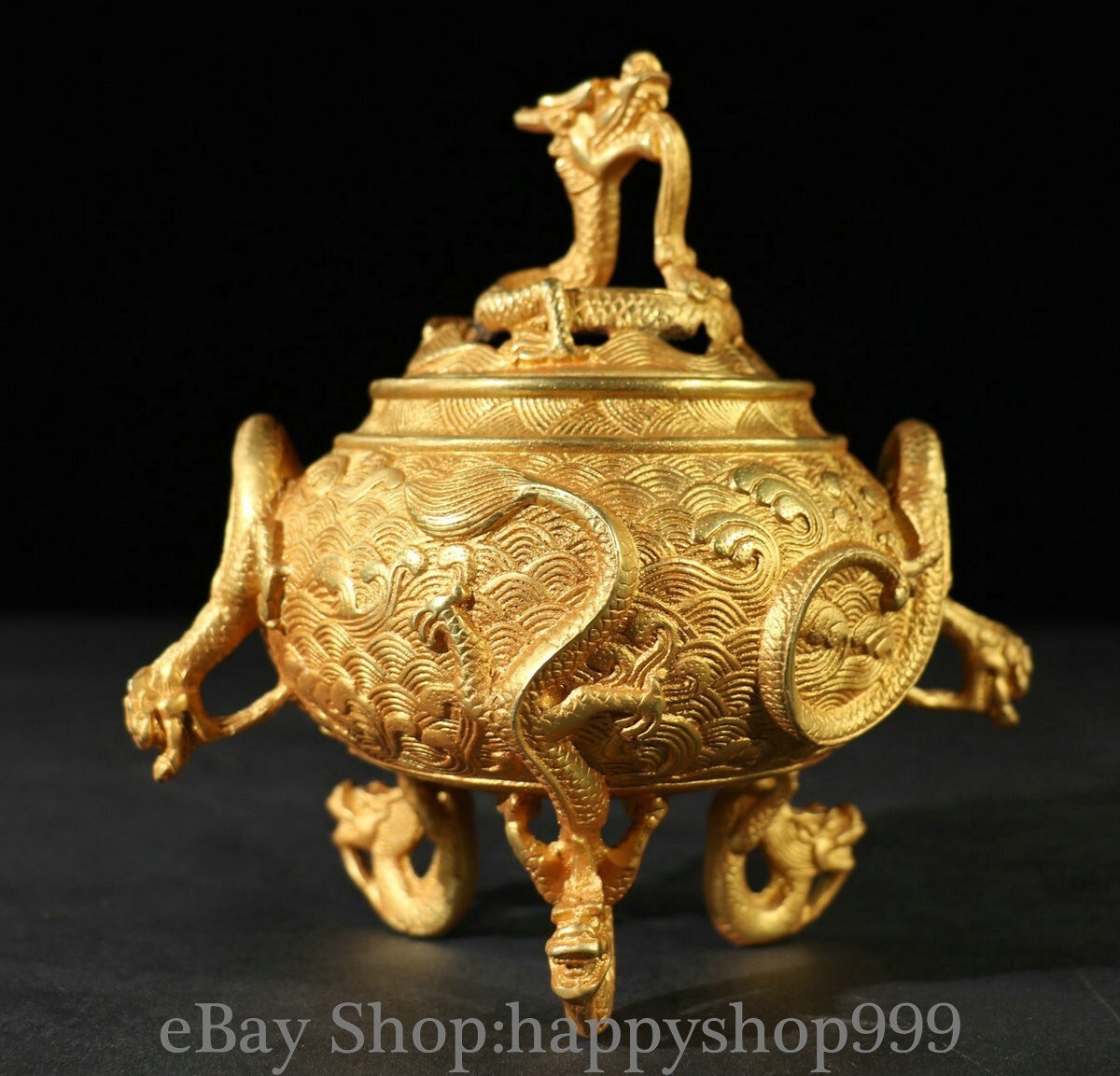 6.4" Old Chinese Xuande Marked Copper Gilt Dragon Beast Incense Burner Censer