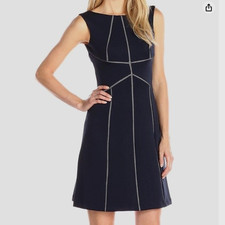 Calvin Klein Size 6 Navy Knit Dress Fit & Flare Stitching Sleeveless Nautical