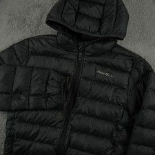 Eddie Bauer Kids Goose Down Jacket Size M 10/12 Black Hooded Puffer Winter Coat