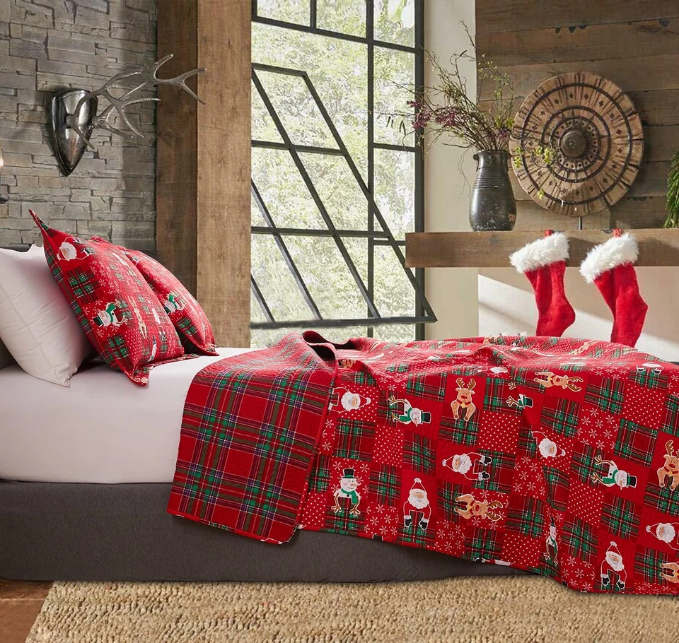 Christmas Quilt Set King Size Bedding Reversible Red Green Christmas Plaid Pa... - Image 4 of 4